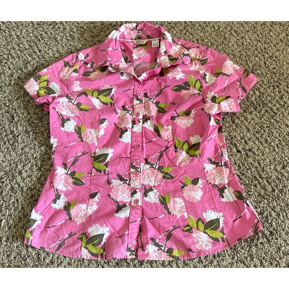 Rider Women's Pink Floral Short Sleeve Button Down Blouse Size Medium